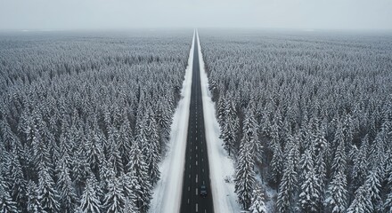 An aerial drone view reveals a solitary vehicle traversing a long, straight road through a vast, snow-covered pine forest under a muted winter sky.