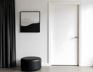 White door with white handle, a black and white painting on the wall, a black curtain and a black pouf in a gray room.
