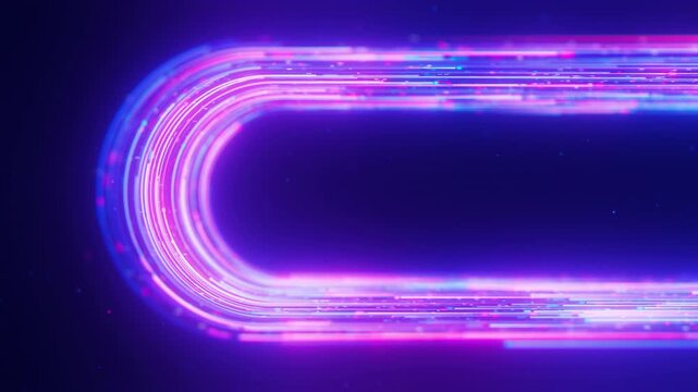 Big data light speed flow U-turn side view. Abstract digital data stream of quantum computing. Cyberspace of qubit trail waves. Modern tech information transmission.
