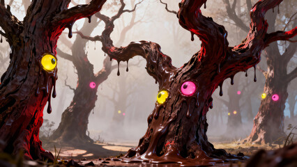 Creepy monster eyeball trees dripping chocolate in a spooky foggy halloween forest, fantasy background. Seasonal artwork mixing food and natural  elements.