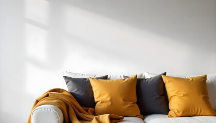 White couch with yellow and gray pillows and an yellow blanket in a living room with a yellow wall.