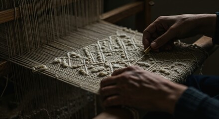 A close-up view of a person's hands skillfully weaving intricate patterns on a traditional loom with natural fibers, highlighted by soft, focused lighting.
