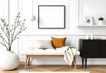 A bench with pillows and a blanket in front of a white wall with a frame , in a living room.