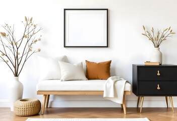 A bench with pillows and a blanket in front of a white wall with a frame , in a living room.