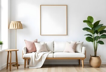 A bench with pillows and a blanket in front of a white wall with a frame , in a living room.
