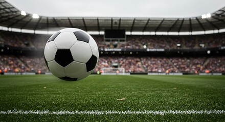 Experience the energy of the game with a soccer ball soaring over the vibrant green field in front of a roaring stadium crowd ready for action