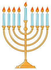 Cartoon illustration of a Hanukkah menorah with lit candles, traditional Jewish symbol