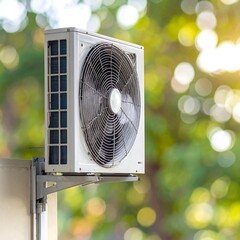 Outdoor AC unit against blurred greenery