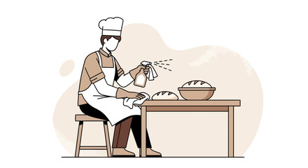 Chef Disinfects Baking Surface Before Bread Preparation Against Unseen Contamination