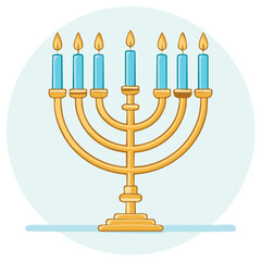 Golden Chanukah Menorah with Eight Blue Candles and a Central Shamash Burning Bright