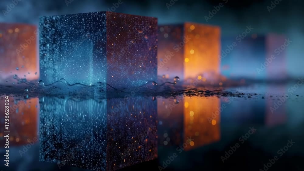 Wall mural a series of cubes are reflected in the water, creating a sense of depth and movement. the cubes are 