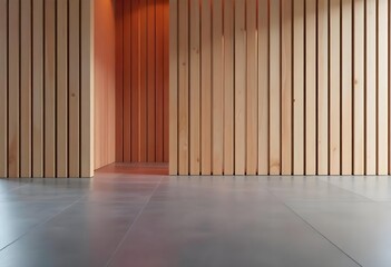 Wooden planks of different colors forming a floor , a shiny gray floor, futuristic design, studio environment, vertical lines, warm tones.