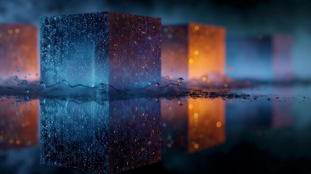 A series of cubes are reflected in the water, creating a sense of depth and movement. The cubes are illuminated by a light source, adding a sense of drama and intrigue to the scene