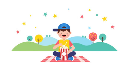 Fototapeta premium Cheerful Child Eating Popcorn on Picnic, Enjoying a Perfect Day Outdoors with Fun