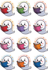 Ghost Reading set, Cute Ghost Reading Book, Ghost Flat Design