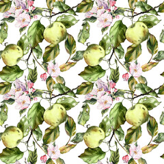 Seamless watercolor pattern with apples, branches, and leaves. Perfect for textile design, wallpaper, wrapping paper, kitchen decor, packaging, autumn themes, and botanical illustrations.