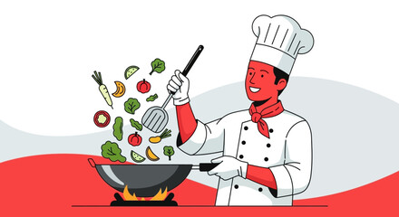 Chef Preparing Fresh Ingredients in Wok with Vibrant Style and Colorful Food Illustrations