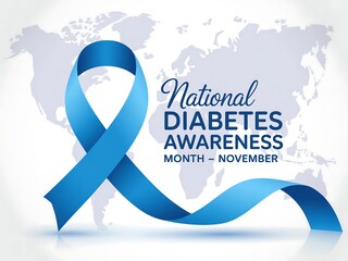 Blue ribbon symbolizes national diabetes awareness month in november with a world map background