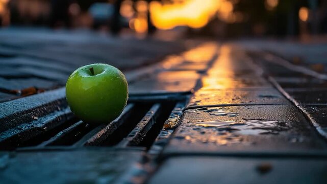 A fresh green apple sits atop a metal grate, highlighting its vibrant color and texture
