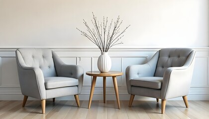 Interior design of a living room with a white armchair, a round table with a vase and a wooden wall in the background.