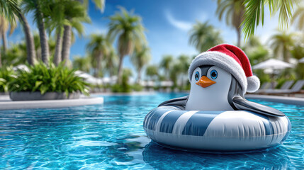 Cute penguin animates a tropical setting, wearing a Santa hat and relaxing on a red and white inflatable ring in a sparkling blue swimming pool, bringing a fun Christmas in July concept