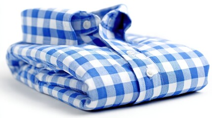 A neat blue checkered shirt is folded and placed on a clean white background, highlighting its crisp design and soft fabric for a tidy appearance.