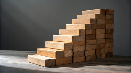 Stairway to Success Wooden Blocks Stacked as Ascending Steps with Dramatic Light and Shadow Side View of a Progressive Stair-Step Structure Built from Natural Wood Blocks on a Textured Table