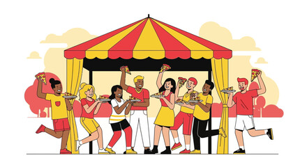 Obraz premium Cheerful Friends Celebrating Under Circus Stall Eating and Enjoying Pizza, Fun Time
