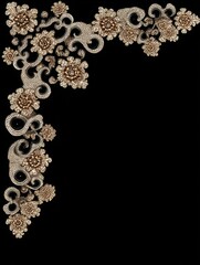 Fototapeta premium Intricate floral patterns in gold and silver create a stunning design on a black backdrop, showcasing detailed craftsmanship and artistic elegance.