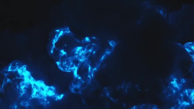 Electric blue light glows through swirling dark clouds, creating a mysterious and captivating atmosphere. This mesmerizing visual captures the beauty of luminous energy and the depth of night in motio