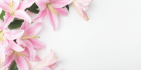 Obraz premium Delicate pink lilies creating floral border on white background