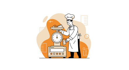 Chef Weighing Food Ingredients In A Kitchen, Preparing For Cooking, Kitchen Scale Illustration
