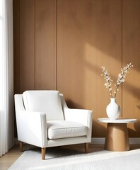 Interior design of a living room with a white armchair, a round table with a vase and a wooden wall in the background.