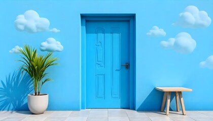 A blue door with a blue handle, a plant in a pot on the left and a small table on the right, blue cloudy wall.