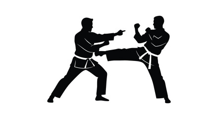 Dynamic martial arts silhouettes two fighters practicing combat moves intense action scene