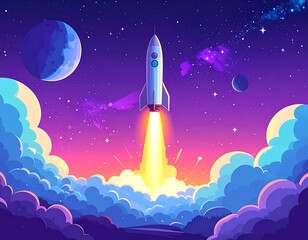 Fototapeta premium A vibrant illustration of a rocket launching into a colorful space scene filled with planets and stars.