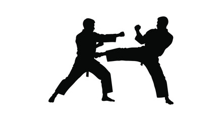 Martial arts silhouette two fighters engaging in dynamic karate combat and training