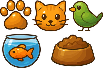 Colorful icons representing various pets including a cat, fish, bird, and food bowl for pet care and animal themes