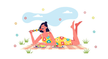 Cheerful Lady Enjoying Picnic, Delightfully Relishing Fruit Skewer in Sunny Outdoors