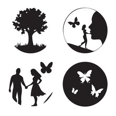 Silhouettes of love nature and butterflies in circular designs