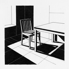 Black and white illustration of a chair and table in a minimalist setting  