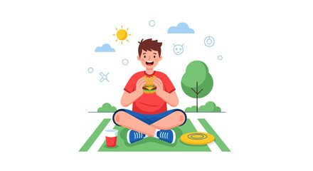 Fototapeta premium Cheerful Person Enjoying Burger And The Day Outdoors On A Sunny Green Surface