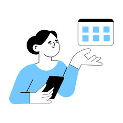 Person holding a tablet and engaging with a digital calendar in a modern workspace during the day