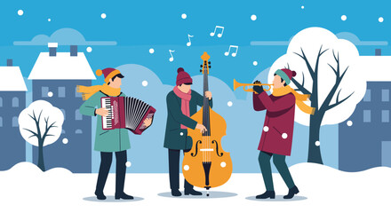 Street Musicians Playing Jazz and Classical Instruments in Winter