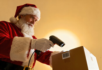 Santa Claus scanning barcode on shipping box