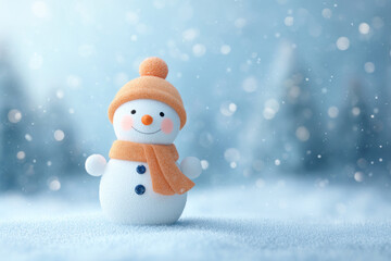 Fototapeta premium 3D render of a cheerful cute snowman among falling snowflakes background
