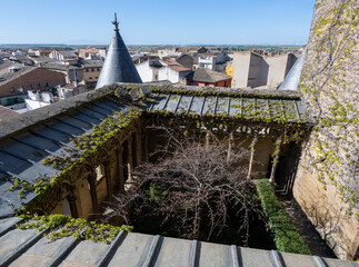 Aerial view of a historic courtyard with greenery