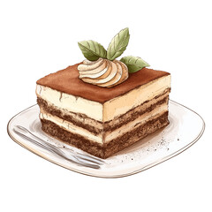Tiramisu dessert illustration art isolated on white background, depicting classic Italian layered sweet treat perfect for cafe, bakery, and food design projects.
