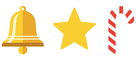Flat Vector Christmas Icon Set with Bell, Star, and Candy Cane