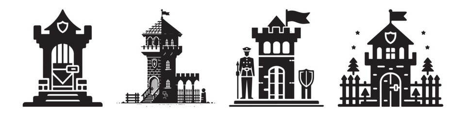 Naklejka premium Modern Minimalist Tower Castle Icon, Flat Silhouette of a Medieval Fortress Vector for Historical Illustration Design